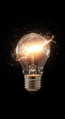 Glass Light Bulb Filled with Glowing Sparks on Black Background