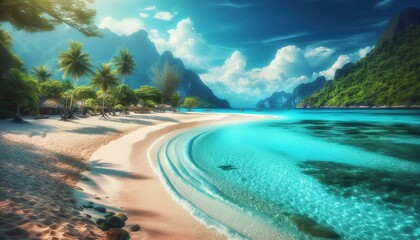 Tropical blue ocean and clear sky with palm trees on a sandy beach