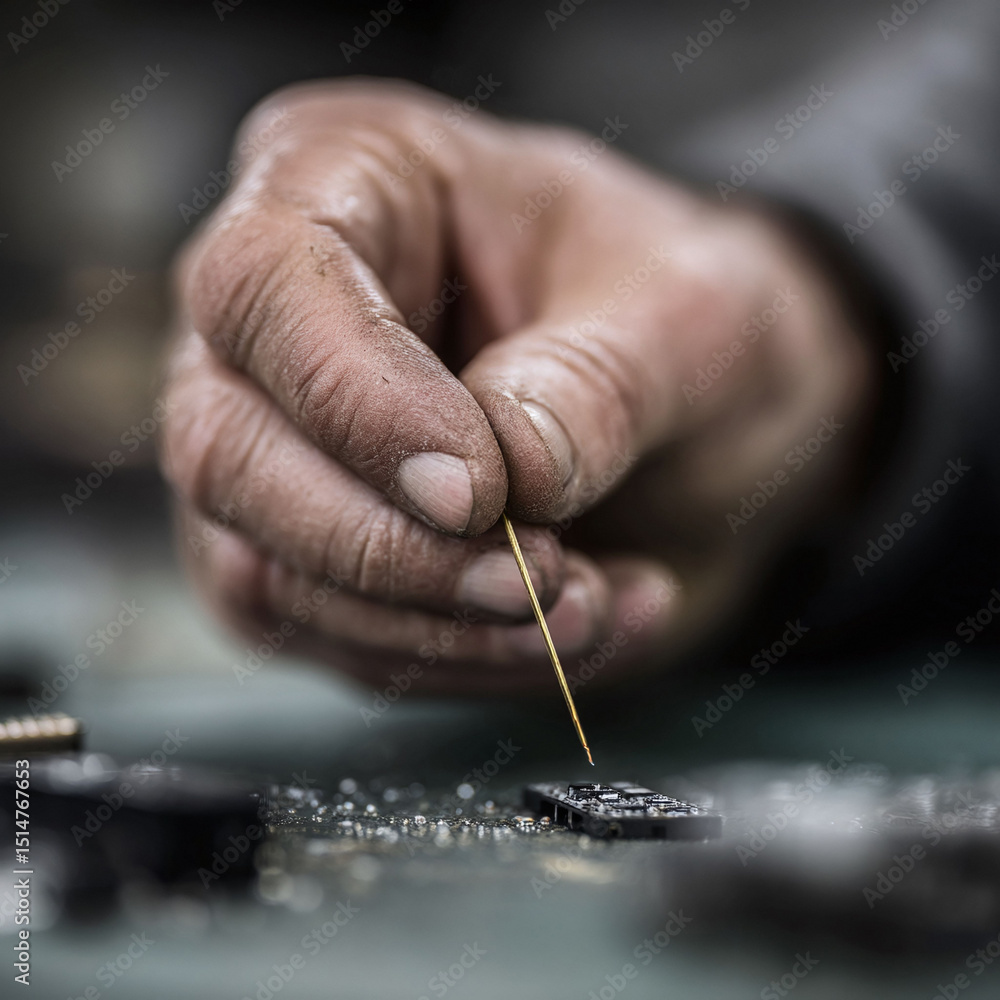 Aufkleber precision work is displayed as a weathered hand meticulously repairs a microchip. ideal for themes o