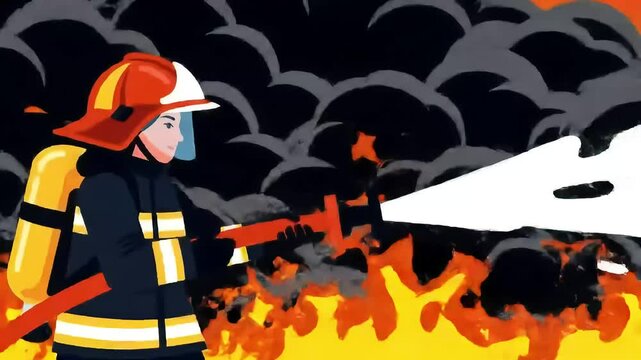 Illustration of a firefighter in protective gear using a hose to extinguish a fire