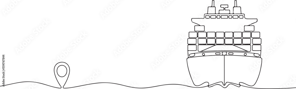 Poster continuous line drawing of ship path with starting point, minimalist port route vector icon in singl