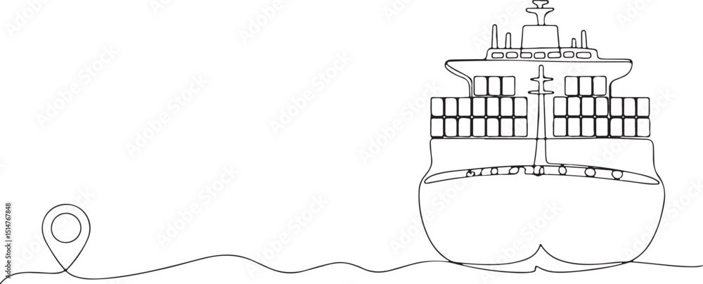 Poster continuous line drawing of ship path with starting point, minimalist port route vector icon in singl