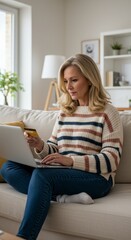 Fototapeta premium Blonde Woman Using Laptop and Credit Card for Online Shopping