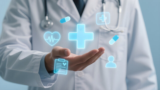 Doctor holding digital healthcare icons medical technology
