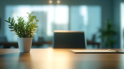 Fototapeta premium Modern office table with plant and stationary with a blurred background illustrating corporate ambience and nature integration.