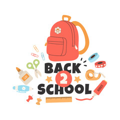 Back to school label with typography and school supplies elements. Vector design template for background, banner, poster, card, sale tag.