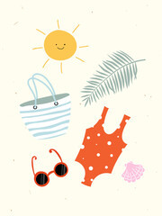 Trendy summer abstract poster with swimsuit, sunglasses, sun, palm leaves, shells, beach bag. Beach and vacation hand drawn doodle elements. Vector travel illustration for wall decor, postcard, cover