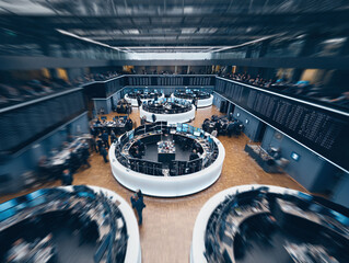 Highangle view shows a bustling exchange floor with traders working at circular desks. Represents finance, investment, global markets, and the fastpaced world of trade.