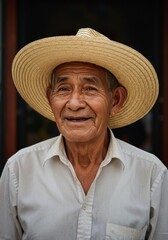 Fototapeta premium Authentic Photo Senior Man Portrait Wearing Straw Hat Smiling