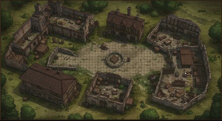 Fototapeta premium Illustration Ancient Ruin Aerial View Old Architecture Building
