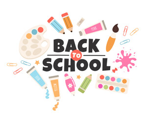 Back to school label with typography and school supplies elements. Vector design template for background, banner, poster, card, sale tag.