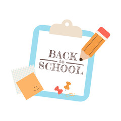 Back to school label with typography and school supplies elements. Vector design template for background, banner, poster, card, sale tag.