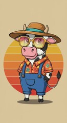 Fototapeta premium Cartoon Cow Illustration with Sunglasses and Hat Against Retro Sunset