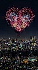 Cityscape Fireworks Heart at Night Urban Celebration with Lights