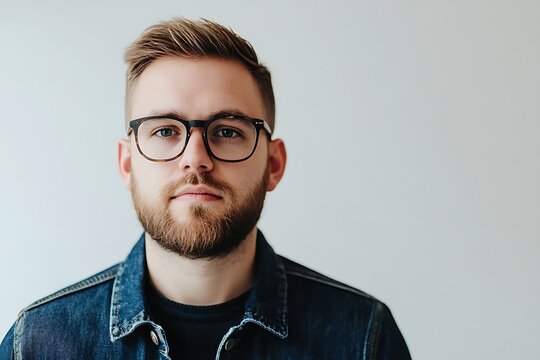 Man Wearing Glasses with Beard in Denim Jacket Portrait