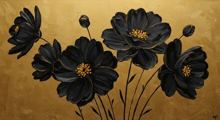 Illustration of Black Flowers with Gold Glitter Background Sparkle Art