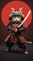 Illustration of Cat Samurai Warrior Armor Sword Red Helmet Katana Animal