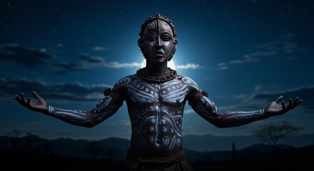 Fototapeta premium Man with Tribal Mask and Body Paint at Night Under Moonlight