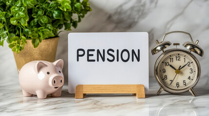 Pension Planning Concept with Piggy Bank and Clock on Desk for Retirement Saving