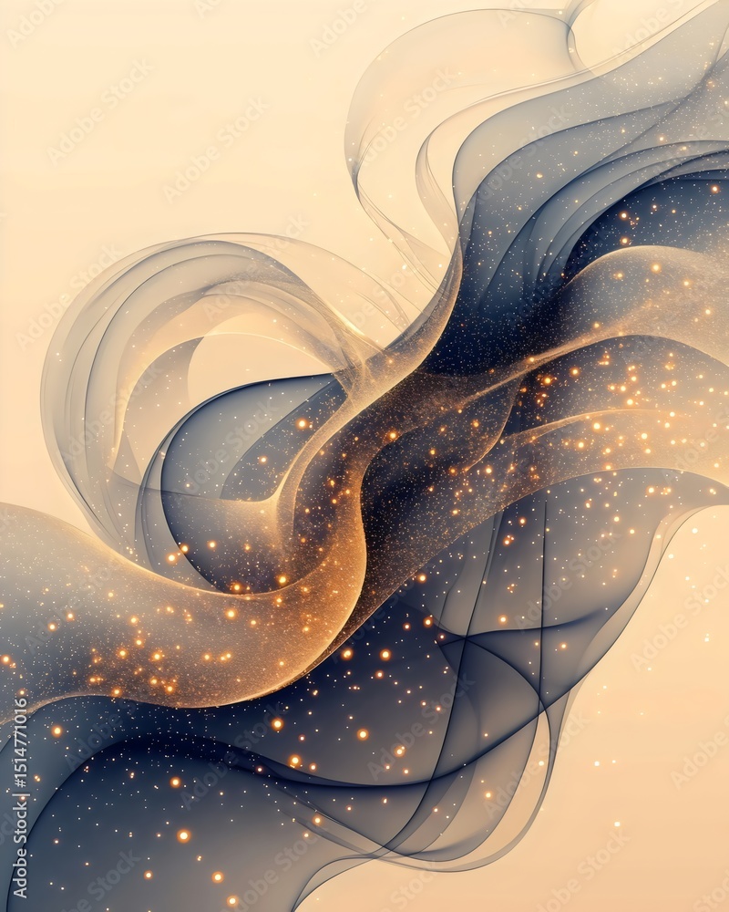 Poster a captivating abstract design with flowing waves and shimmering golden sparkles, blending soft shade