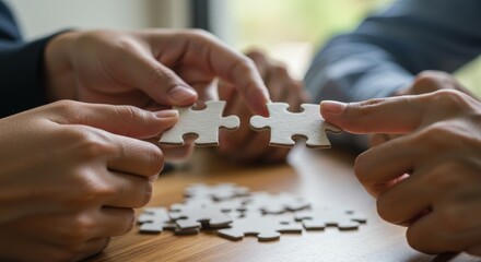 Close Up Photo Connecting Puzzle Pieces Representing Teamwork Strategy