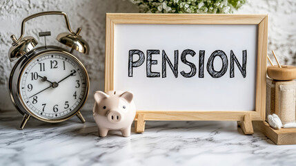Pension Planning Concept with Piggy Bank and Clock on Desk for Retirement Saving