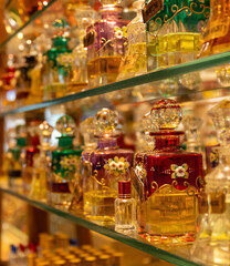 Perfume bottles on a shelf in a shop on Grand Bazaar in Istanbul