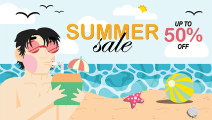 A man is drinking coconut water on the beach with a sea, sky, clouds, birds, sun, beach ball, starfish, sand, and seashell background. Summer sale. Poster, flyer, card, or header.