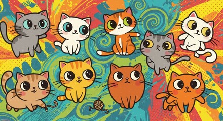 Fototapeta premium Colorful Cute Cats Illustration with Adorable Cartoon Kitten Pattern