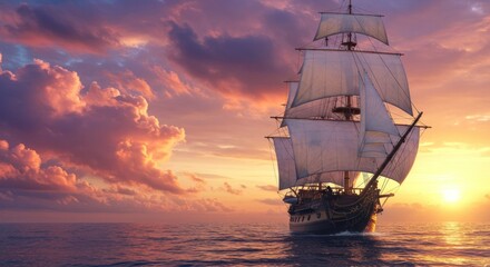 Sailing Ship on Ocean at Sunset with Dramatic Cloudy Sky