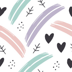 Fototapeta premium Modern abstract seamless pattern featuring brush strokes hearts and delicate decorative elements in pastel colors