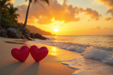 two hearts on the beach at sunset