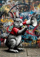 Illustration of Rabbit with Megaphone Standing before Graffiti Wall Art