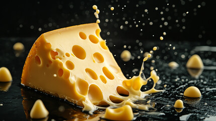 Photograph of a piece of cheese with splashes and drops, isolated on a black background.