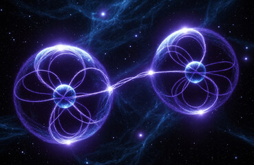 Quantum Entanglement Visualization &ndash; Futuristic Particle Physics Concept in Deep Space