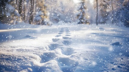 Footprints in the Winter Wonderland: A serene winter scene, fresh snowfall blankets the ground, where a trail of footprints leads into a forest, Generative Ai.