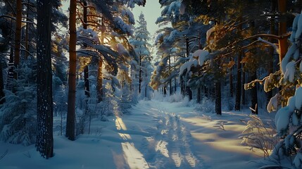 Winter Wonderland Pathway: A tranquil winter landscape unfolds, showcasing a snow-covered pathway winding through a serene forest of snow-laden trees under a radiant sky, Generative Ai.