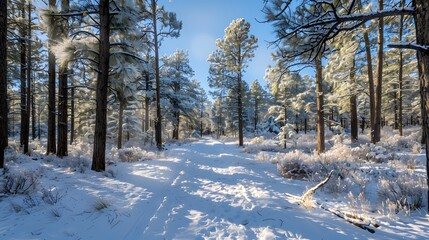 Snowy Trail: A serene winter scene unfolds, as a snow-covered trail winds its way through a majestic pine forest, illuminated by the soft glow of the winter sun, Generative Ai.