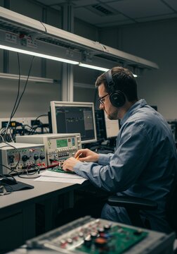 Electronics Lab Photo Engineer Tests Circuit Board at Workbench