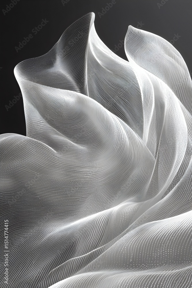 Poster an ethereal abstract wave-like form consisting of soft, flowing lines in shades of white and gray, c