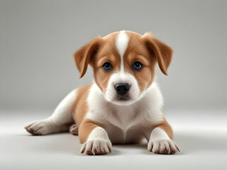 Cute puppy with light brown and white fur sitting on a seamless gray background, radiating warmth and charm while capturing the essence of playful innocence and joy