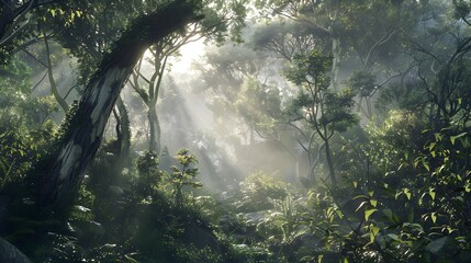 Mystical Forest Sunlight: A radiant embrace of sunlight filters through the dense foliage of a verdant forest, illuminating the vibrant ecosystem with a touch of ethereal beauty, Generative Ai. 