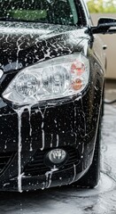 Detailed Car Wash With Soap Bubbles On Headlight Automotive Cleaning