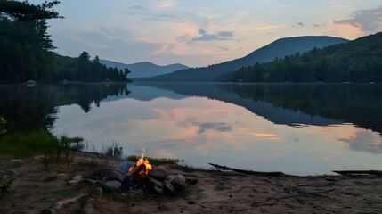 Evening Campfire Reflections: Serene scene capturing the essence of tranquility, as a campfire glows on the lakeside. In the soft light of dusk, it creates a mesmerizing dance of light and shadow.