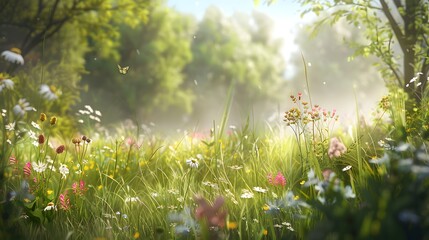 Sunlit Meadow in Summer: Vibrant wildflowers and lush green grass bathed in the warm sunlight of a summer morning. Butterflies dance among the blossoms, Generative Ai