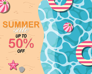 Naklejka premium A summer sale beach sale poster with sea, sand, umbrella, pool float, beach ball, starfish, seashells, and umbrella. Flyer, poster, banner, card, or heading.