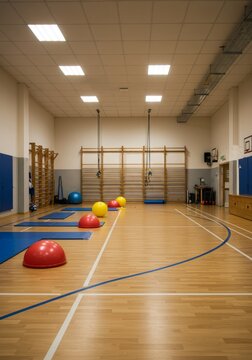 Indoor Photo of School Gym With Equipment Wooden Floor And Bright Light