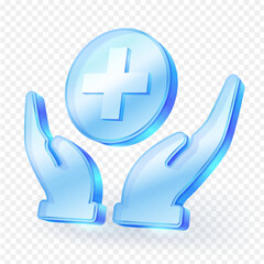 3D Healthcare icon with hands holding a medical cross symbol, representing health care, protection, support, and medical assistance. isolated on transparent background. Vector illustration glass icon.