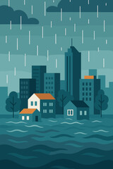 City flood disaster illustration. Heavy rainstorm, urban inundation concept. Climate change impact, rising water levels, submerged buildings. Natural catastrophe, severe weather, emergency vector art.