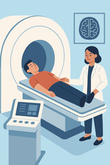 Medical illustration of patient undergoing MRI exam. Doctor performing magnetic resonance imaging scan for brain diagnosis. Radiology, healthcare technology, hospital diagnostic procedure concept.
